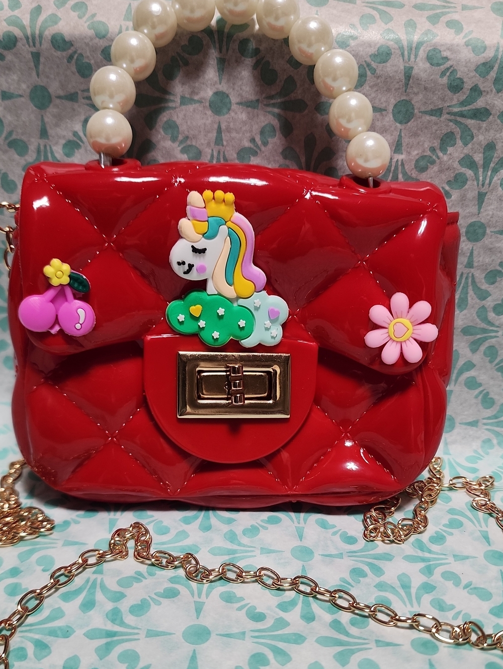 Red Quilted Mini Crossbody Bag with Pearl Handle